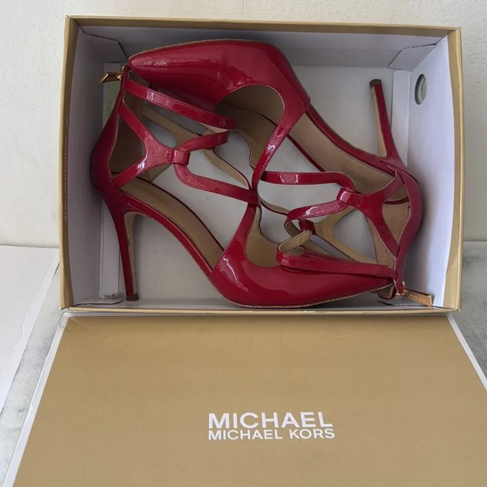 MICHAEL KORS Catia Red Pointed Toe Strappy High Heels 4" Patent Leather Sz.8 - Picture 13 of 15